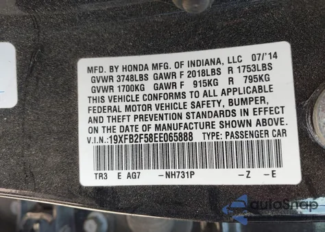2014 Honda Civic Lx from USA, damaged, VIN 19XFB2F58EE065888